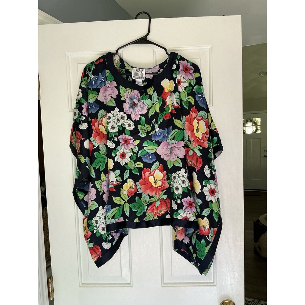 Vintage Nolan Miller Floral Print 100% Silk Flowy Blouse Shirt Colorful Unique M